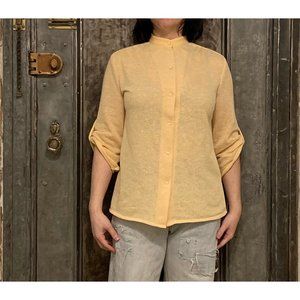 Vintage 60 70s California Patterns cream net button up collarless shirt 3/4 slee